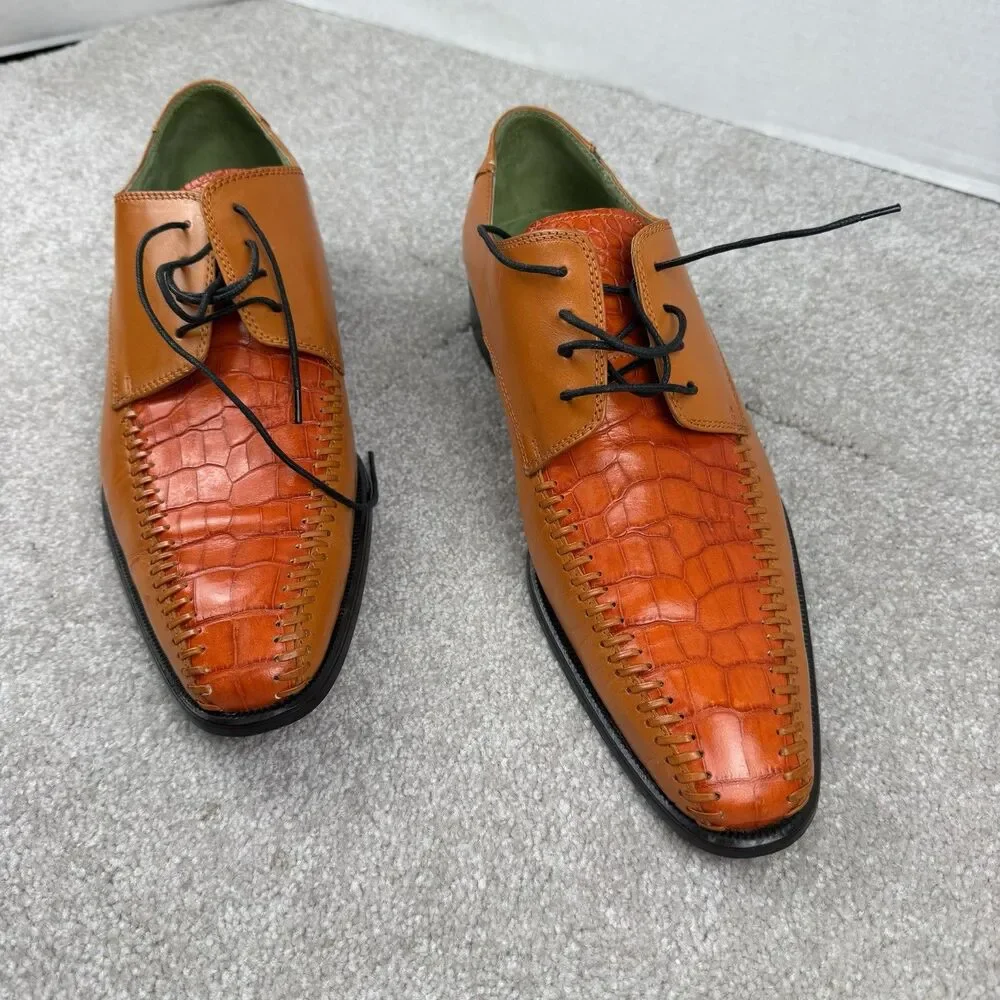 Marco Vicci Mens Derby Dress‎ Shoes Orange Crocodile Print Leather Lace Up 9.5